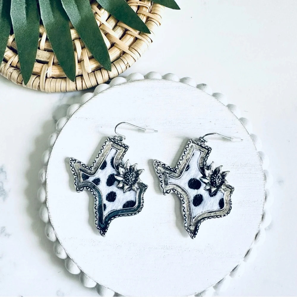Texas State Cow Print Earrings Faux Fur Floral Silver Cowgirl Jewelry Gift NEW